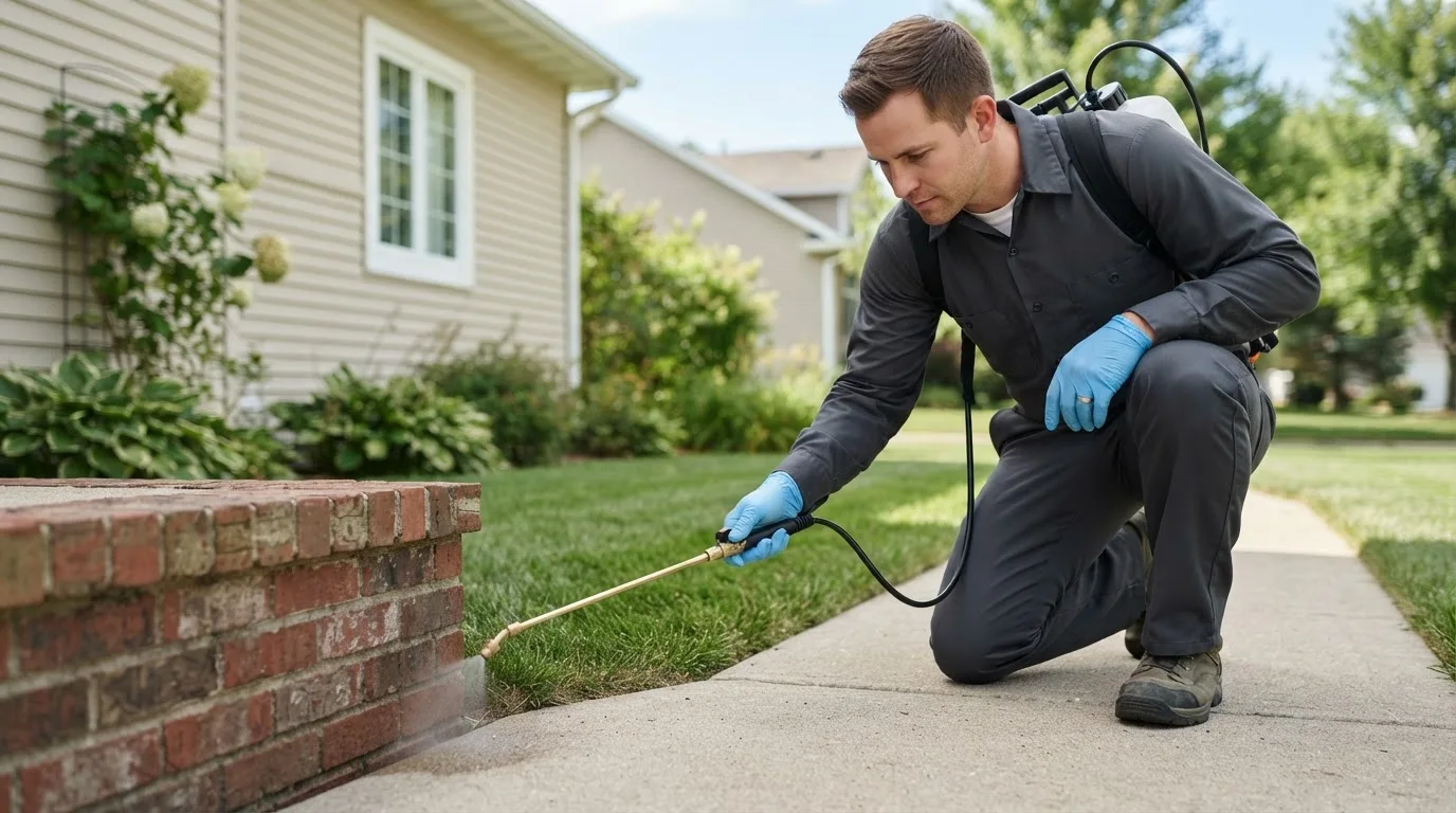 Pest control technician treating a home near New Meadows, ID